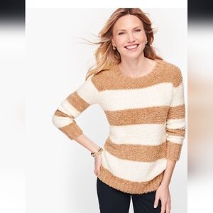 Talbots White and Tan Crew Neck Sweater with Stripes, Wool, Acrylic Blend, L NWT